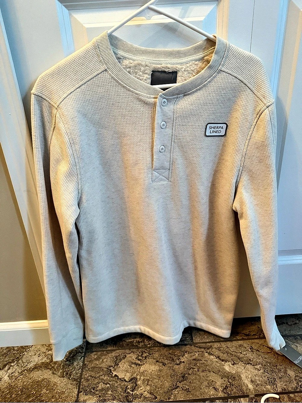 Falls Creek Sherpa Lined Thermal Waffle Knit Henley Gray Small